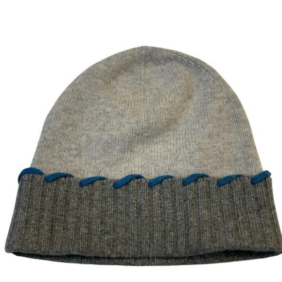 French Knot X Sundance-Braided Cashmere/Merino Wool Hat Gray with‎ blue trim - Picture 1 of 9